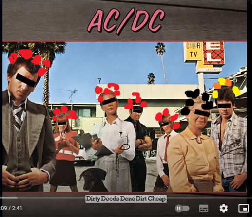 AC/DC Plattencover mit Menschen vor einem Hotel und schwarzen Balken vor den Augen.
Dirty Deeds Done Dirt Cheap Album

Wirr wurde den Menschen auf den Kopf rote Bollen gemalt, einer Frau schwarze und einem Typ orange und gelbe

In Zusammenhang mit dem auf diesem Album enthaltenen Lied: Big Balls