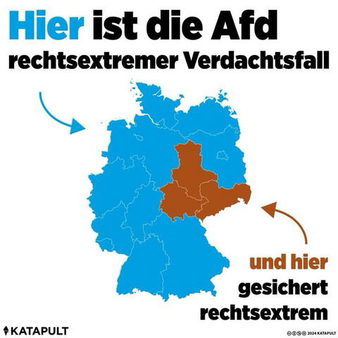 Deutschland-Karte: Hier ist die Afd rechtsextremer Verdachtsfall: Deutschland ohne Thüringen, Sachsen und Sachsen-Anhalt. und hier gesichert rechtsextrem: Thüringen, Sachsen und Sachsen-Anhalt.