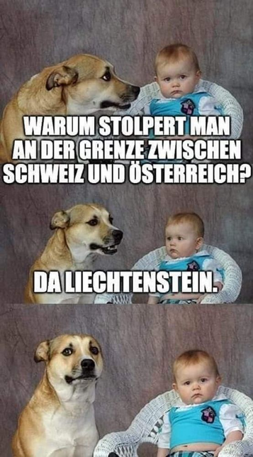 Hund Baby - Meme
Warum stolpert man an der grenze zwischen Schweiz und Österreich

Da liechtenstein

Hund und Baby gucken betroffen in die Kamera
