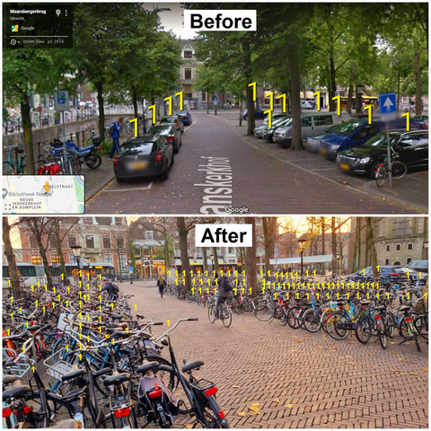 Vorher / Nachher Bild aus den Niederlanden: Oben parken ca 10 Autos. Unten parken auf der selben Fläche ca 100 Fahrräder.