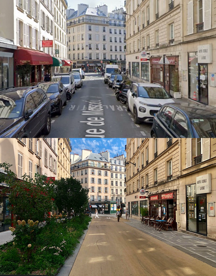 Vorher/Nachher Bild einer Straße in Paris Oben: Links und rechts am Fahrbahnen parkende Autos Unten: Links Pflanzen und rechts ein Gehweg mit Platz für Gastronomie 