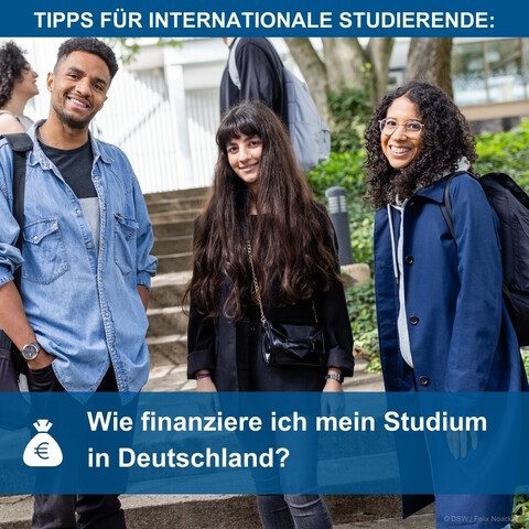 Bild mit drei internationalen Studierenden. Text auf dem Bild: 