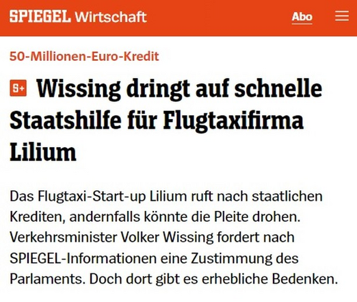 Schlagzeile: 50-Millionen-Euro-Kredit - Wissing dringt auf schnelle Staatshilfe für Flugtaxifirma Lilium