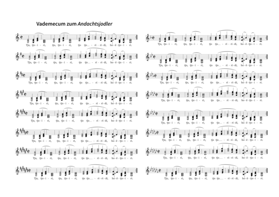 Ein Notenblatt im Querformat mit der Überschrift „Vademecum zum Andachtsjodler“. Abgedruckt ist ein dreistimmiger Satz des Andachtsjodlers, textiert mit Jodelsilben, und transponiert in alle Durtonarten bis 7 Kreuz- und 7 Be-Vorzeichen.
