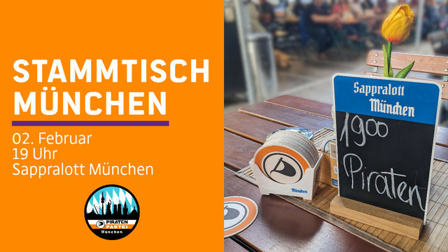 Stammtisch München
02. Februar
19 Uhr
Sappralott München

Standard #PiratenStammtisch Sharepic der #PiratenMuc, mit Text und Logo links und einem Tisch, Piratenuntersetzern und einem Schild "19⁰⁰ Piraten" Rechts