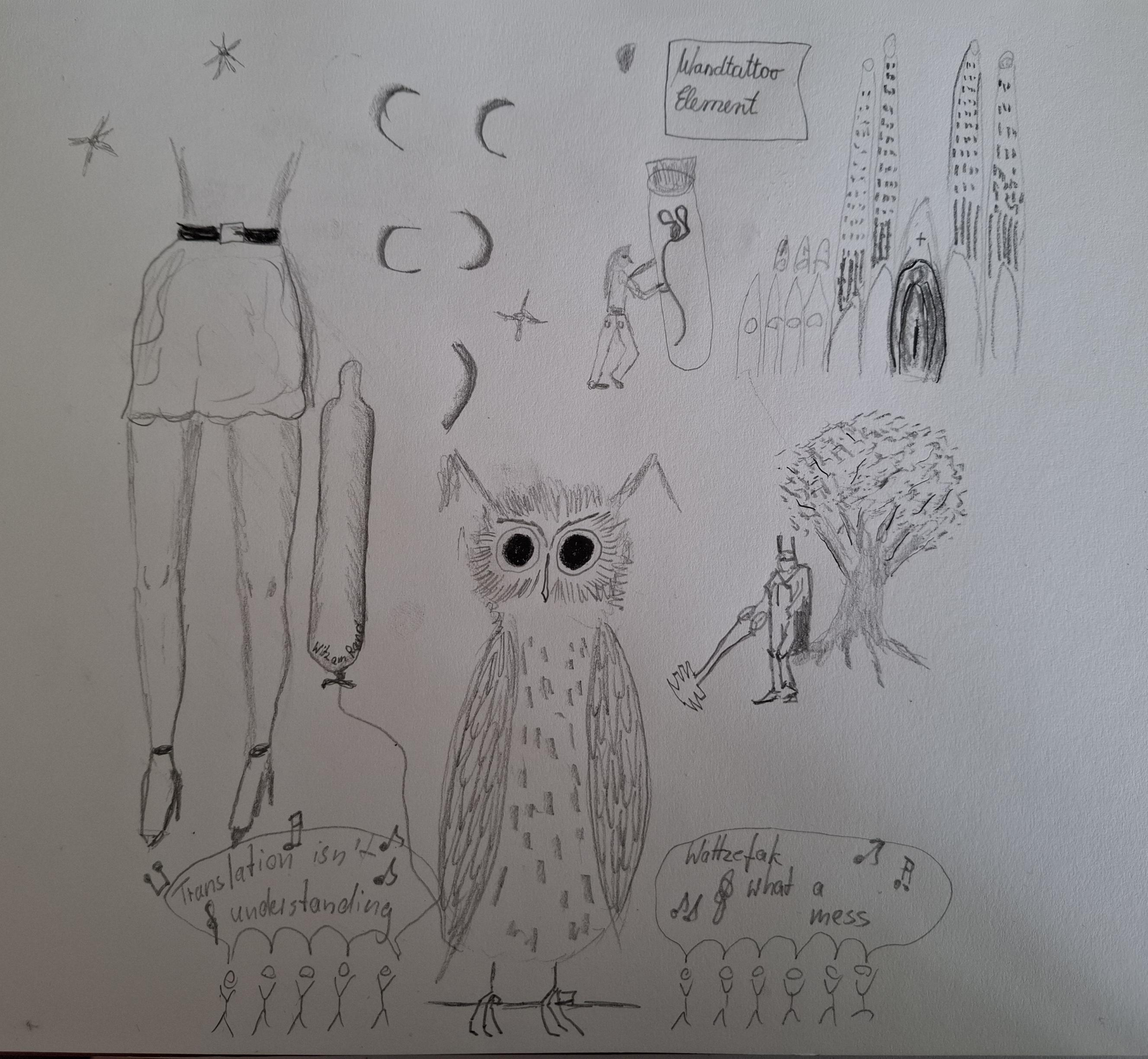 „A hand-drawn sketch featuring a character with large eyes holding a balloon next to a rock, a figure with a weapon next to a small house with a cross, a tree with a small character lingering, as well as several simplified stick figures lined up at the bottom. The background includes crescent shapes and decorative elements.“

Meine Interpretation
Eine Eule (charater with big eyes) hält ein aufgeblasenes Kondom richtung Mensch mit Rock (Rock).. jemand trägt ein RIESEN reagenzglas mit einem Ebolavirus (weapon) zur sagrada Familia (small house with a cross.. eyyyy.. ironieeee) dann ein unmotivierter Baum und ein computerspielheld. Weil das kommt, wenn man character lingering sucht.
Dann die Halbmondelemente, sterne (dekorativ) und ein Schild mit Wandtattoo element in Schreibschrift (auch dekorativ)
Dann die Strichmangschgerl die eine hälfte singt (mit noten) Tranlation isn't understanding) die anderen "Wattzefak what a mess"