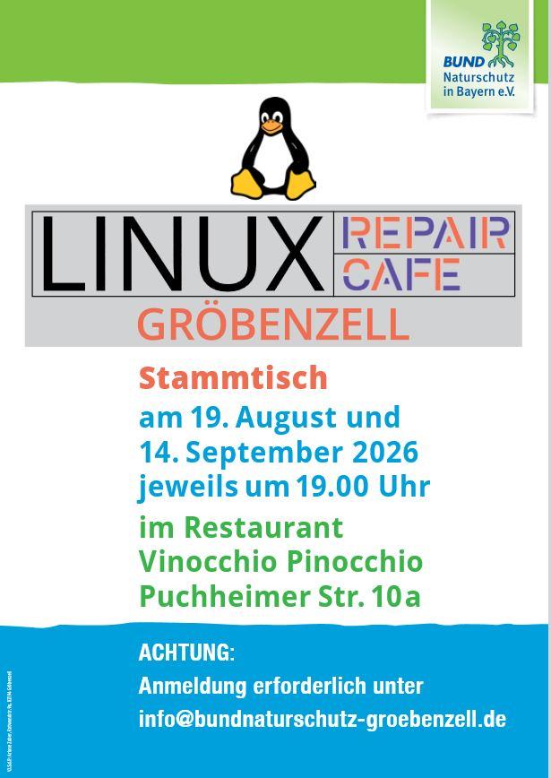 Linux Stammtisch am 19. August und 14. September um 19:00 Uhr im Restaurant Vinocchio Pinocchio Puchheimer Str. 10a